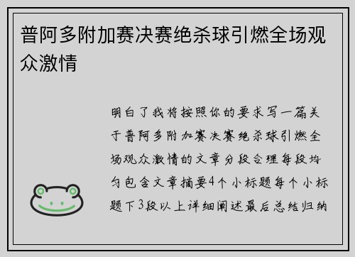 普阿多附加赛决赛绝杀球引燃全场观众激情